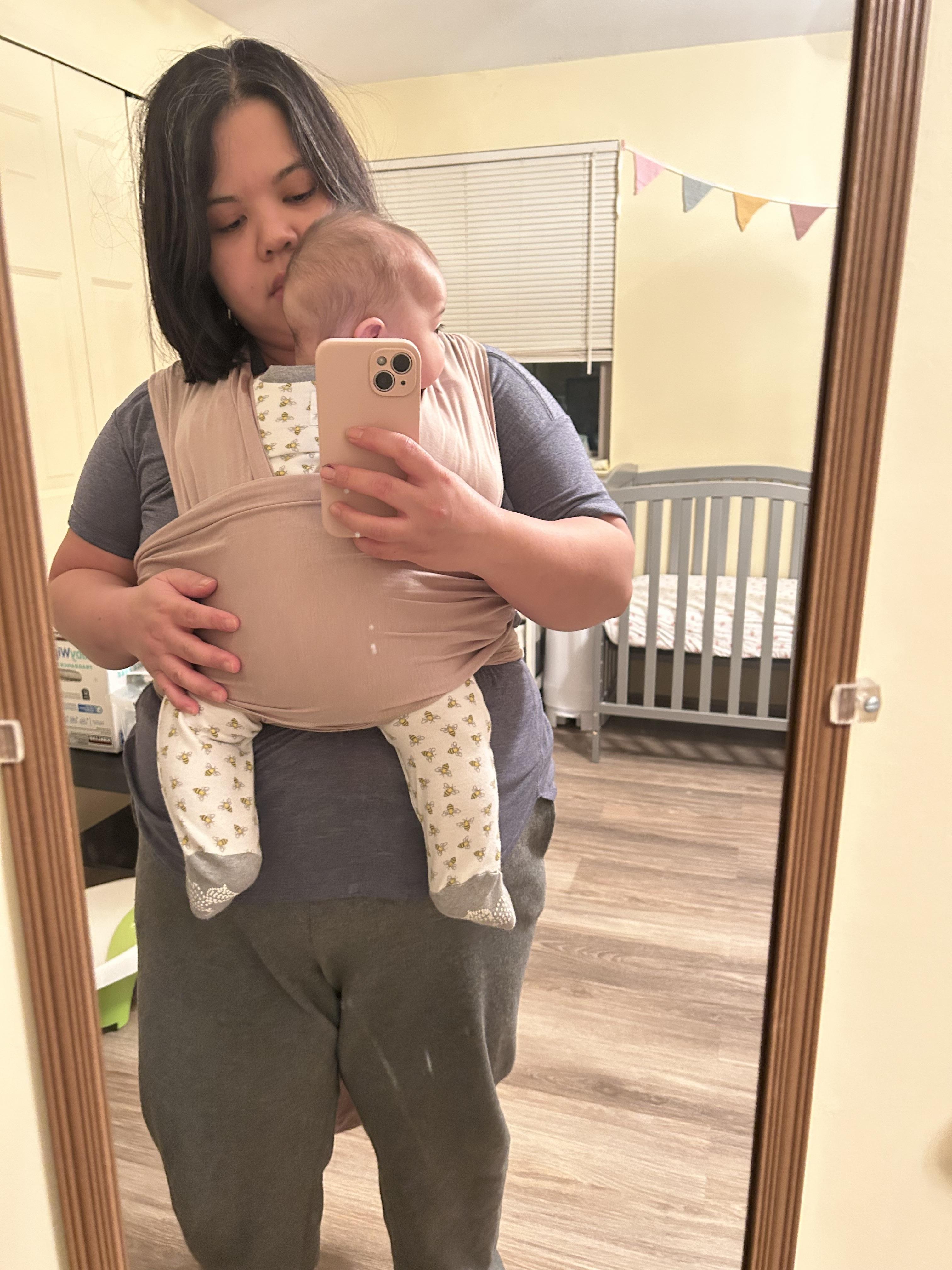 L. wearing the Fawn Baby Wrap